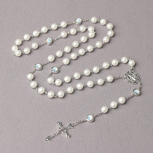 Collana croce del rosario cattolico 8mm perle di vetro 5 segmenti rosa e bianco croce di gesus regalo - Product Image 4