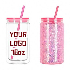 Custom Logo <b>Glitter</b> 16 oz Plastic Pre Drilled Hole Clear Double Wall Tumbler with Bamboo Lids Straws Snowglobe Cups for DIY - Product Image 1