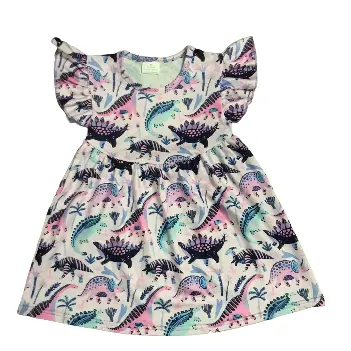 Conjunto de roupas boutique atacado vestido com manga pérola folhas de flores de dinossauro