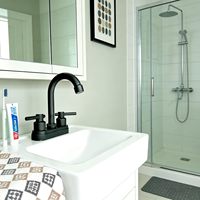 ABS Plastique Noir Mat Deux Poignées Eau Chaude et Froide Haute Arc Col de Cygne Centerset Villa Bassin Robinet