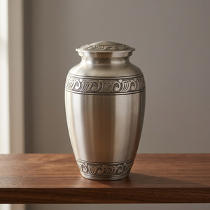 Urna Funeraria de Aluminio Plateado Hecha a Mano, Urna Conmemorativa para Cenizas Humanas, Florero Decorativo Portátil para Entierro - Artesanía India - Product Image 1