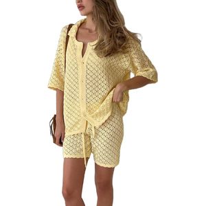 Custom 2026 <b>Crochet</b> Two Piece <b>Set</b> Women V Neck Short Sleeve Shirt And Shorts Beach Vacation Outfits 100% Cotton Breathable - Product Image 3