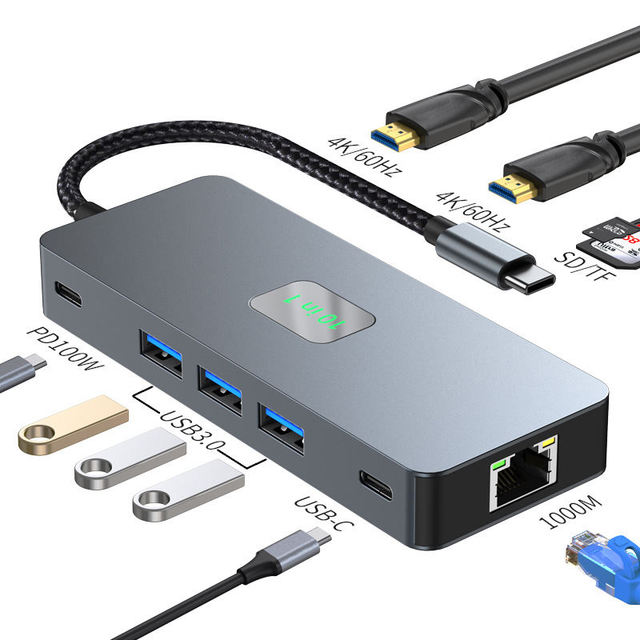 10 in 1 USB-C PD100W Hub with HDMI-Compatible 4K 60Hz USB 3.1 RJ45 1000Mbps SD/TF Aluminum Alloy Dock-in Stock