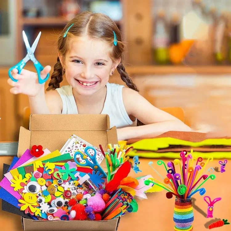 ชุดอุปกรณ์งานฝีมือศิลปะ DIY 1000ชิ้นสำหรับเด็ก,ชุดอุปกรณ์ทำความสะอาดท่อ-สีสักหลาด-Glitter Poms-ปุ่มขนนก
