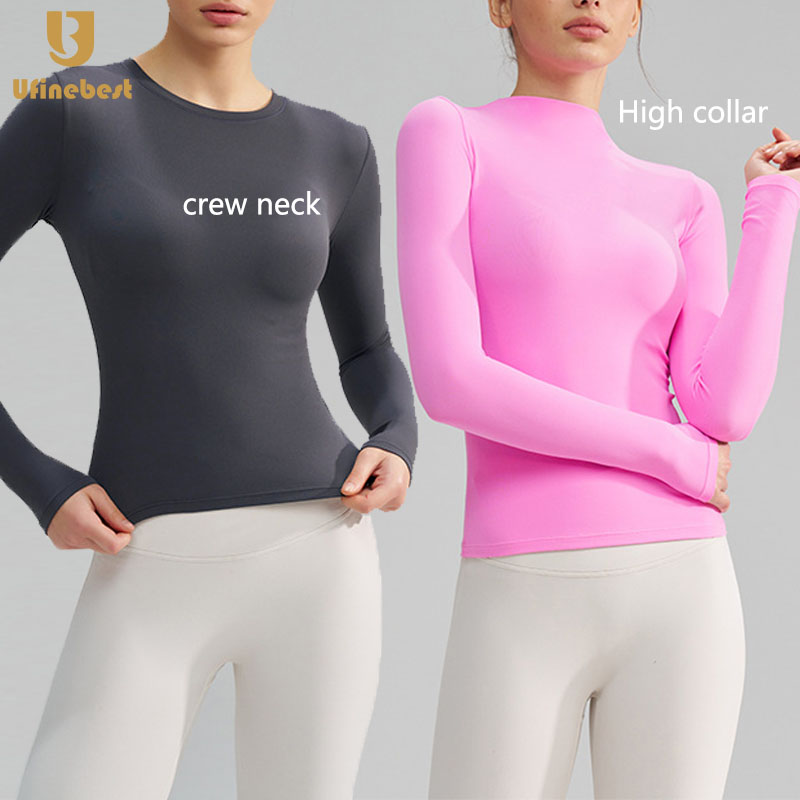 Breathable Round Gym Neck Long Sleeve Sports Top Tight Yoga T-Shirt High Elastic Training Yoga Fitness Long Sleeve