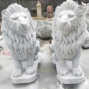 Home Garden Decoration Modern Hand Carved Durable Stone Animal Male Lion Sculpture White Marble Lion Statue