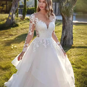 Wedding Dress High Waist Ball Gown Sweetheart Neckline Long Sleeve <b>Lace</b> Vintage Bridal Gown <b>White</b> Polyester Fiber - Product Image 3