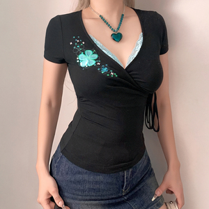 Womens Y2K Side Tie V Neck <b>Sequin</b> Lace Patchwork Slim Fit T Shirt <b>Top</b> Streetwear - Product Image 4