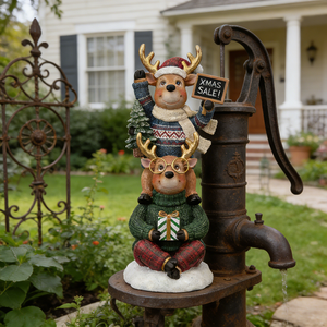 Statua di Renne Natalizie Impilate OEM ODM con Insegna 'XMAS SALE' - Figurina Festiva in Resina per Decorazioni Natalizie da Vetrina - Product Image 5