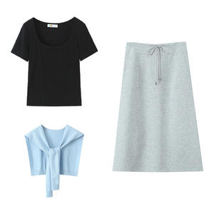 Jupe midi trapèze taille haute Happy Plus grise avec cordon de serrage en coton, grande taille, tenue décontractée pour femme N9492 - Product Image 2