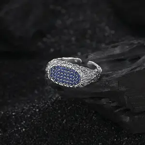 S925 Sterling Silver Blue Diamond Patterned Ring With Retro Elegant Versatile Simple And High-end Feel Niche