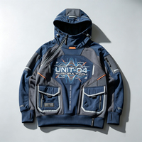 Sudadera con Capucha para Hombre, Estilo Cyberpunk, Marca OEM Techwear, Algodón y Poliéster, Diseño de Parches en Contraste, Bolsillos Tipo Cargo, Ropa Urbana Táctica, MOQ Bajo