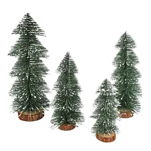 Pohon Natal baru 2024 grosir jarum pinus 30cm menara salju buatan pohon Natal mini dengan basis kayu