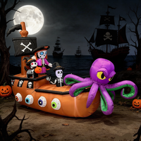 Bateau pirate gonflable d'Halloween de 7 pieds avec squelette de pieuvre géant et éclairage LED pour décoration extérieure de jardin