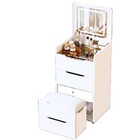 Lemari Penyimpanan Lipat Kecil Modern dengan Cermin Berlampu, Panel MDF, Meja Rias Terintegrasi, Meja Samping Tempat Tidur Mini untuk Kamar Tidur