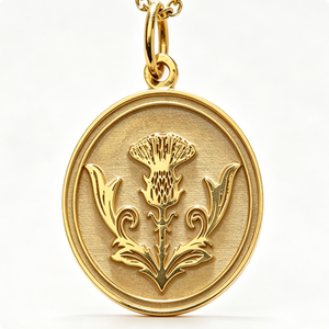 Medalla Circular Chapada en Oro con Diseño de Cardo y Patrón Floral en Relieve, Amuleto de Recuerdo - Product Image 1