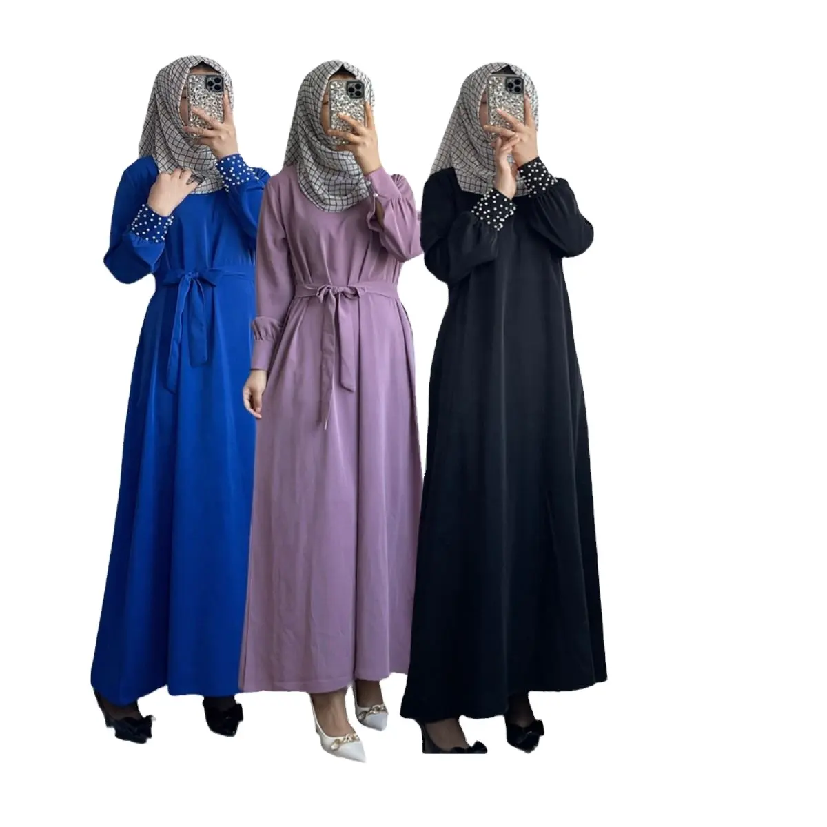 중동 여성의 이슬람기도 드레스 히잡 이슬람 아바야 전체 길이 스커트 못 박힌 진주 가운 에스닉 롱 드레스