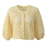 Ensemble élégant en maille pour femme : veste à manches longues ajourée et respirante ornée de diamants, et salopette longue ajustée