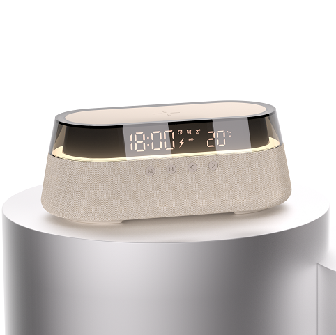 Multi-function Night Light Alarm Clock 5-In-1 Audio Speaker Wireless Charger With Time Temperature Display