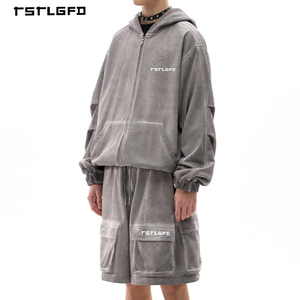 Ensemble de survêtement deux pièces pour homme, personnalisé OEM, style vintage, avec sweat à capuche zippé teint et short cargo en coton épais délavé minéral - Product Image 2