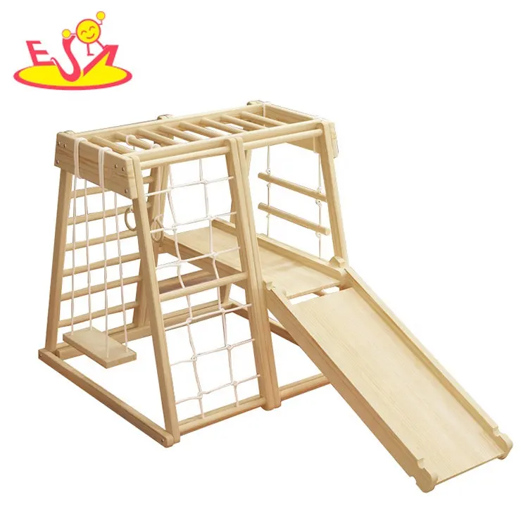 Kids Indoor activity gym equipment wooden climbing frame with slide swing W01F012