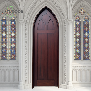 Puerta Exterior de Madera Curvada de Estilo Francés con Líneas Decorativas, Acabado <span class=keywords><strong>en</strong></span> <span class=keywords><strong>Caoba</strong></span> y Roble, Puerta Frontal Doble de Madera Sólida con Arco Redondo - Product Image 2