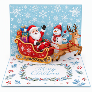 Carte de vœux de Noël pop-up 3D, traîneau du Père Noël, carte de Noël artisanale, cadeau festif, artisanat en papier - Product Image 1
