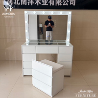 Coiffeuse moderne blanche avec miroir LED et plateau en verre, tiroir dissimulé et tabouret – Meuble de chambre personnalisable pour commande en gros