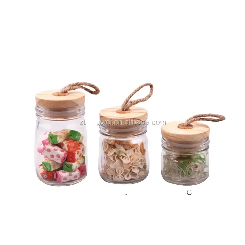 hot sale mini glass spice storage jar with wooden lid and wooden spoon for kitchen storage and home storage