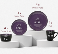 Service de table en céramique classique, 16 pièces, noir à l'extérieur, violet à l'intérieur, assiettes, bols, tasses - Passe au lave-vaisselle, pour un usage domestique