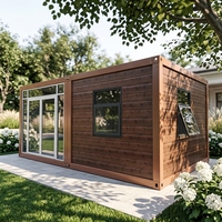 Maison modulaire mobile de luxe avec panneaux extérieurs en bois, fabriquée à partir d'un conteneur préfabriqué avec finitions en bois