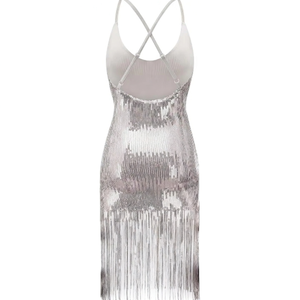 Abito Lungo da Donna per Danza Jazz <span class=keywords><strong>con</strong></span> <span class=keywords><strong>Frange</strong></span> di Paillettes e Collo Halter in Nylon/Cotone, Costume da Festa Spesso - Product Image 2