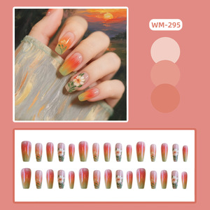 <span class=keywords><strong>Uñas</strong></span> postizas Sunset Watercolor, cuadradas cortas con degradado de naranja a verde y margarita pintada a mano, <span class=keywords><strong>uñas</strong></span> acrílicas artísticas. - Product Image 2