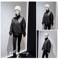 Blouson Bomber Noir en Cuir Véritable Tressé Unisexe Col Montant Fermeture Éclair Manches Longues Poignets Côtelés Veste d'Hiver