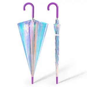 レーザー変更色虹色の透明な透明な傘カラフルなグラデーションプラスチックPVCホログラムホログラフィック傘