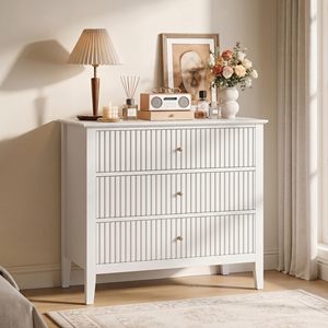 Commode SENYU blanche à 3 tiroirs avec panneaux cannelés, commode de rangement classique en bois pour salon - Product Image 4