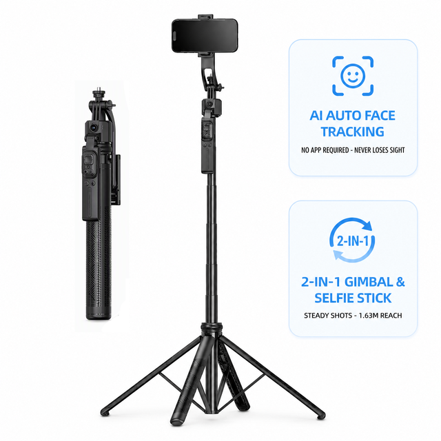 Ai Auto Face Tracking Selfie Stick 2-In-1 Gimbal 1.63m Extendable Phone Stabilizer 360° Rotation Gesture Remote Control