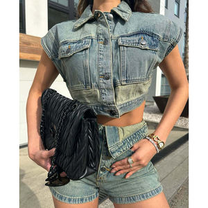 Vestes d'été <span class=keywords><strong>en</strong></span> denim extensible avec poches Top court <span class=keywords><strong>sans</strong></span> manches et short <span class=keywords><strong>en</strong></span> <span class=keywords><strong>jean</strong></span> Ensemble assorti de 2 pièces pour femmes - Product Image 1