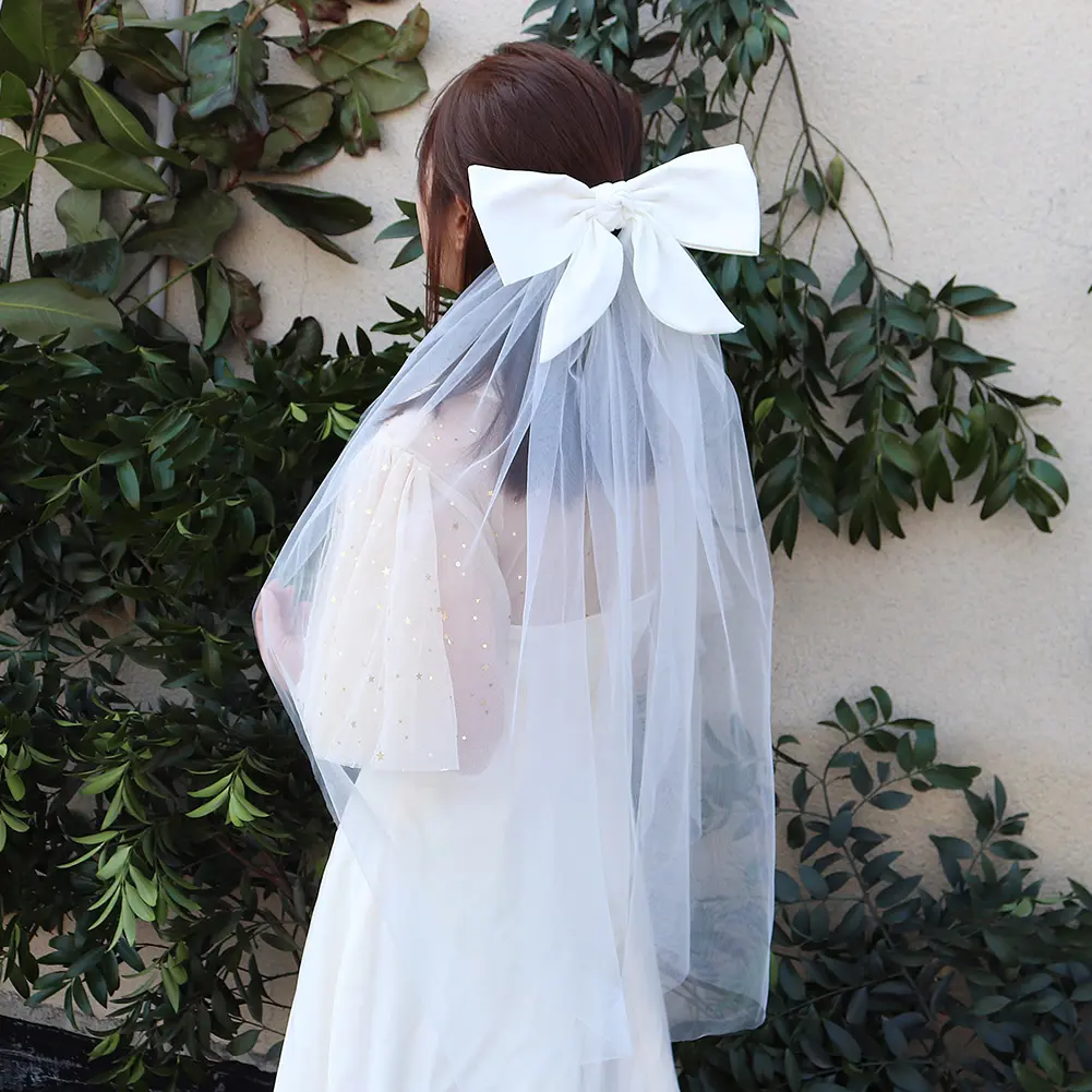 حجاب زفاف على الطراز الأوروبي للسيدات, حجاب زفاف قصير بفيونكة من الدانتيل الأبيض يُباع بالجملة