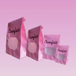 Sac en papier kraft rose à fond plat et soufflet, avec logo personnalisé, fermeture à lien, pour café en grains, biscuits, desserts et thé - Product Image 1