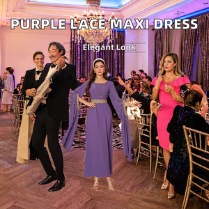 Abaya Elegante con Encaje Bordado y Cuentas, Color Morado, Largo hasta el Tobillo, Manga Ultra Larga, Estilo Étnico Islámico de Oriente Medio para Fiestas de Ramadán - Product Image 2