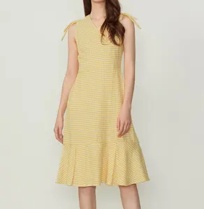 Daily Elegant Gingham Pattern Row Knot Sleeveless A-line Midi Dress For Women