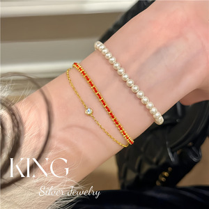 Pulsera Francesa de Doble Capa con Cuentas Rojas, Plata de Ley 925, Chapada en Oro, Joyería para Mujer, Regalo, Estilo Geométrico - Product Image 5