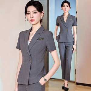 Women's Suit Set Short Sleeve Gray Professional Workwear Office Lady Breathable Polyester Fabric - Product Image 1