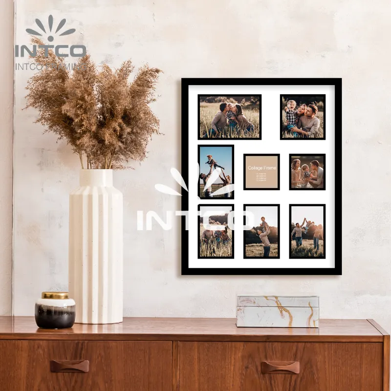 INTCO New Arrival 8-Opening for Plastic Black Collage Picture Frame 16x20 Inch