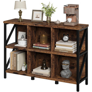 6-Cube Modern Industrial Horizontal <strong>Bookshelf</strong> Thick Wooden Low &amp; <strong>Long</strong> Bookcase with Metal Frame Storage Organizer - Product Image 1
