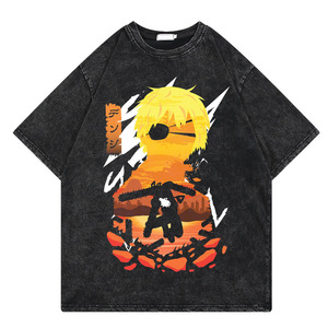 Camiseta Personalizada Negra de 280 Gramos, 100% Algodón, Lavado Ácido, Diseño Vintage de <span class=keywords><strong>Chainsaw</strong></span> <span class=keywords><strong>Man</strong></span>, Denji, <span class=keywords><strong>Makima</strong></span>, Aki Hayakawa, Anime, para Hombre - Product Image 3
