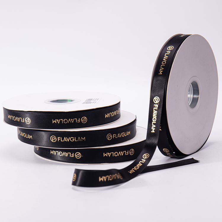 Factory Custom Personalised Grosgrain Velvet Ribbon Brand Name Logo Black Satin Ribbon Tape With Gold Foil Printed Logo Image 4