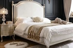 Premium Queen Size Silver Finish <b>Bed</b> With Cream Upholstered Ornate Carved Headboard For Princess Bedroom - Product Image 6