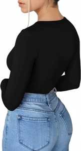 T-shirt coupe ajustée hauts tuniques t-shirt logo personnalisé concevez vos propres chemises personnalisées femmes <span class=keywords><strong>col</strong></span> en V à manches longues tissé imprimé - Product Image 2